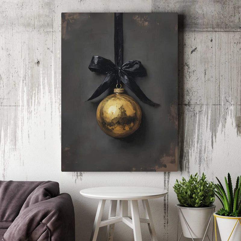 Black Bow Holiday Wall Art, Gold Christmas Ornament Canvas Print, Minimalist Festive Decor, Printable Digital Download Present