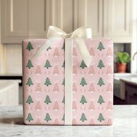 Whimsical Bow Holiday Gift Wrap, Pink Christmas Tree Wrapping Paper, Adorable Green Tree Present Paper, Modern Pastel Christmas Wrapping Paper