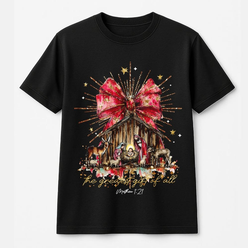 The Greatest Present of All Christian Graphic Tee, Nativity Scene T-Shirt, Jesus Holy Night Shirt, Religious Christmas Holiday Apparel Present