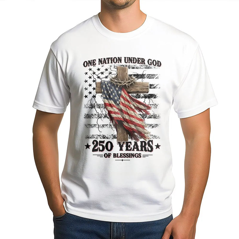 One Nation Under God T-Shirt | American Flag Cross 250 Years Design | 100% Soft Breathable Cotton | Gift for Patriotic Christians