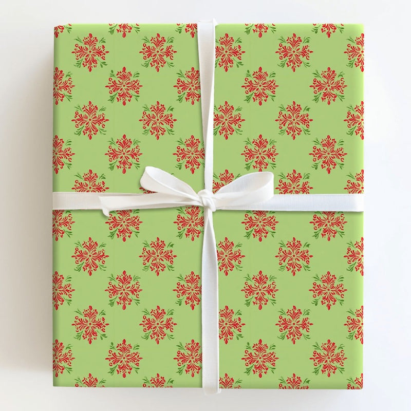 Lime Green Holiday Gift Wrap, Damask Snowflake Christmas Wrapping Paper, Red and Green Xmas Wrapping Paper, Winter Festive Gift Wrap Roll