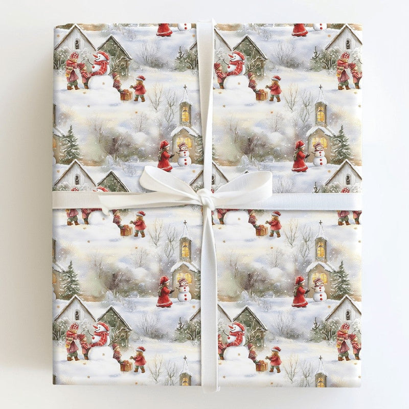 Snowy Town Holiday Gift Wrap, Vintage Village Christmas Wrapping Paper, Watercolor Xmas Wrapping Paper, Nostalgic Church Winter Gift Wrap
