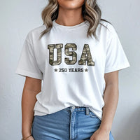 Camo America T-Shirt | USA 250 Years Camouflage Patriotic Design | Soft Breathable Cotton Tee | Gift for Veterans and Outdoor Enthusiasts