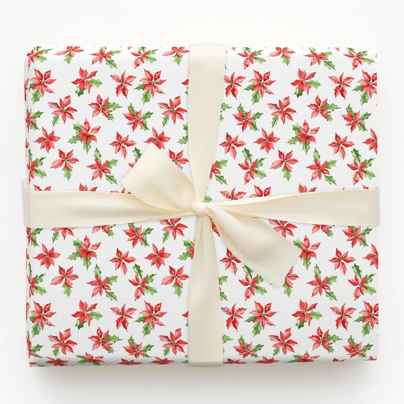Red Holly Christmas Gift Wrap, Watercolor Poinsettia Wrapping Paper, Botanical Holiday Floral Wrapping Paper, Festive Winter Gift Wrap