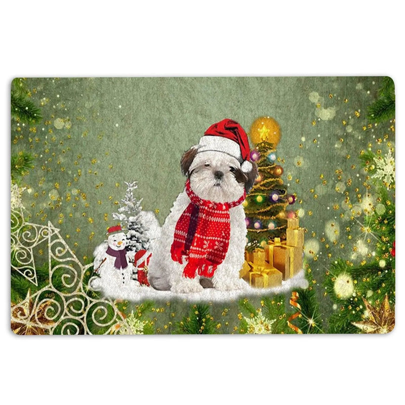 Christmas Tree Dog Doormat, Shih Tzu Christmas Doormat, Holiday Entryway Doormat, Dog Lover Welcome Mat, Winter Porch Floor Decor Present