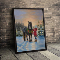 Girl with Horse in Winter Snow Canvas, Christmas Horse Canvas Wall Art, Holiday Farmhouse Wall Decor, Rustic Equestrian Canvas Print Present