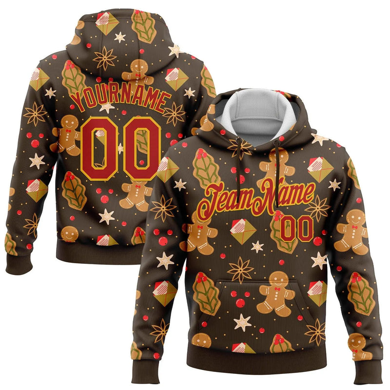 Holiday 3D Pattern Sports Hoodie, Custom Christmas Gingerbread Hoodie, Personalized Name Number Pullover Hoodie, Festive Xmas Sweatshirt