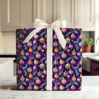 Gold Ornament Gift Wrap Roll, Purple Christmas Wrapping Paper, Elegant Holiday Present Wrap, Festive Xmas Tree Decor Wrapping Paper