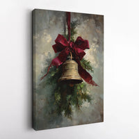 Pine Branches Red Bow Oil Painting Print, Vintage Christmas Bell Digital Wall Art, Holiday Wall Decor Poster, Festive Printable Present