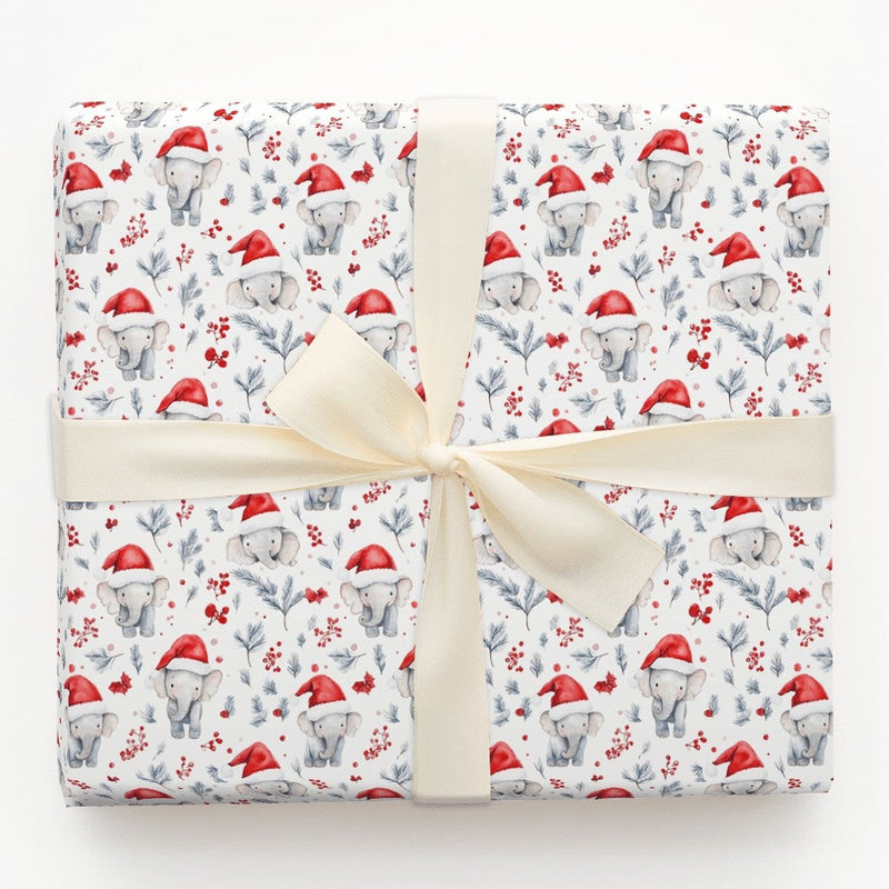 Santa Hat Animal Gift Wrap, Adorable Baby Elephant Christmas Wrapping Paper, Winter Foliage Baby Elephant Wrapping Paper, Holiday Wrapping Paper