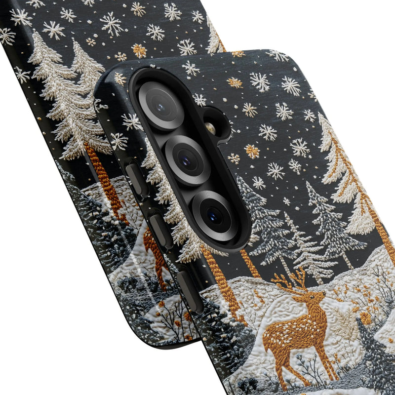 Snowy Forest Textured Stitch Look Phone Cover, Winter Deer Samsung Galaxy Phone Case, Comfy Christmas Dual Layer Tough Phone Case