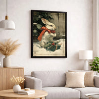 Whimsical Bunny Canvas Print, Vintage Christmas Rabbit Canvas Wall Art, Holiday Bunny with Red Bow Canvas, Comfy Xmas Home Decor Present