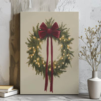 Holiday Wreath Print, Christmas Wreath Wall Art, Glowing Fairy Lights Wall Decor, Festive Red Bow Art, Winter Home Decor Digital Download