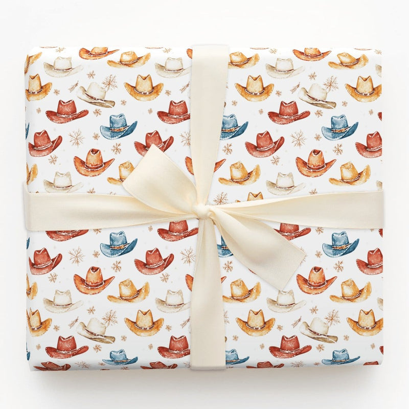Western Holiday Gift Wrap, Watercolor Cowboy Hat Wrapping Paper, Rustic Country Christmas Present Wrap, Snowflake Festive Present Paper