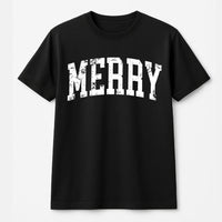 Distressed Varsity Lettering Holiday Graphic Tee, Merry Christmas T-Shirt, Retro Winter Christmas Shirt, Xmas Family Present
