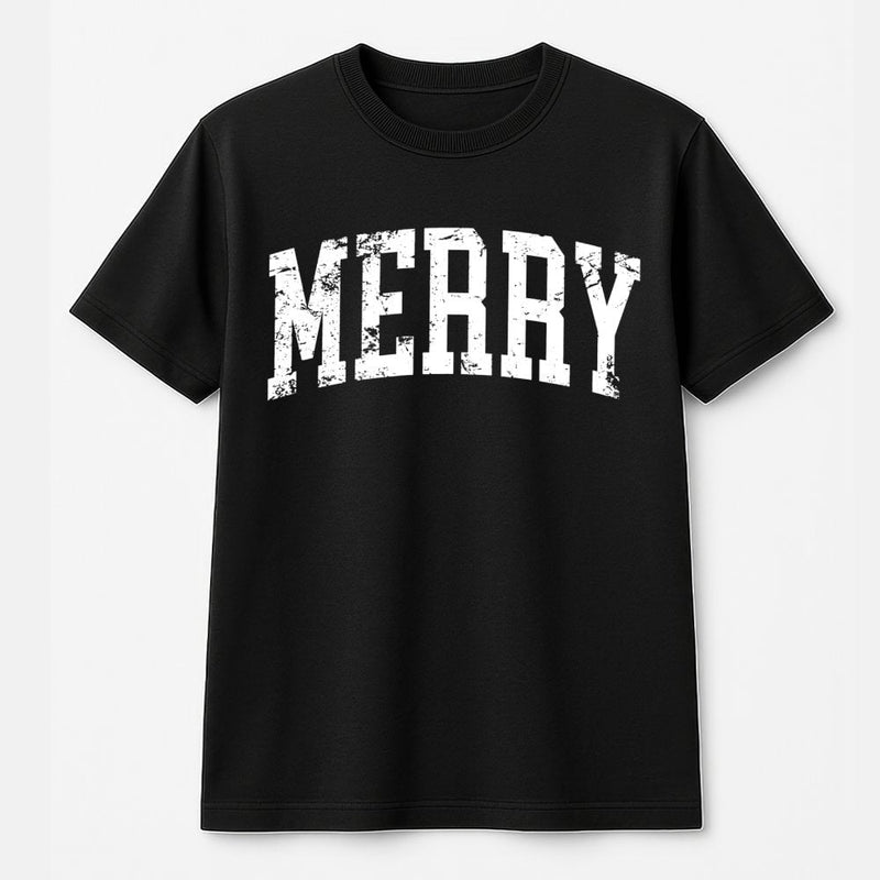 Distressed Varsity Lettering Holiday Graphic Tee, Merry Christmas T-Shirt, Retro Winter Christmas Shirt, Xmas Family Present