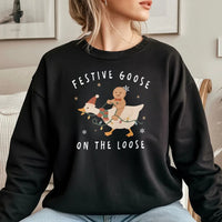 Humorous Christmas Goose Crewneck, Festive Goose on the Loose Sweatshirt, Gingerbread Man Riding Goose Pullover, Holiday Sweater Present
