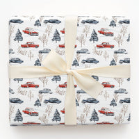 Retro Snowy Forest Gift Wrap, Vintage Car Christmas Wrapping Paper, Classic Car Holiday Wrapping Paper, Winter Vehicle Gift Wrapping Paper