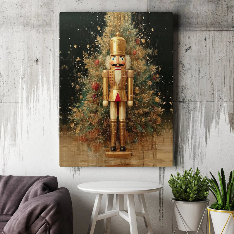 Christmas Tree Canvas Print, Golden Nutcracker Canvas Wall Art, Festive Nutcracker Wall Art, Holiday Portrait Canvas, Xmas Living Room Present