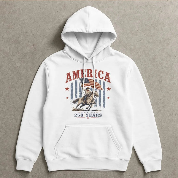 America 250 Years Hoodie | Vintage Cowboy on Horseback with American Flag Art | Soft Cotton-Polyester Blend | Patriotic Gift for History Enthusiasts