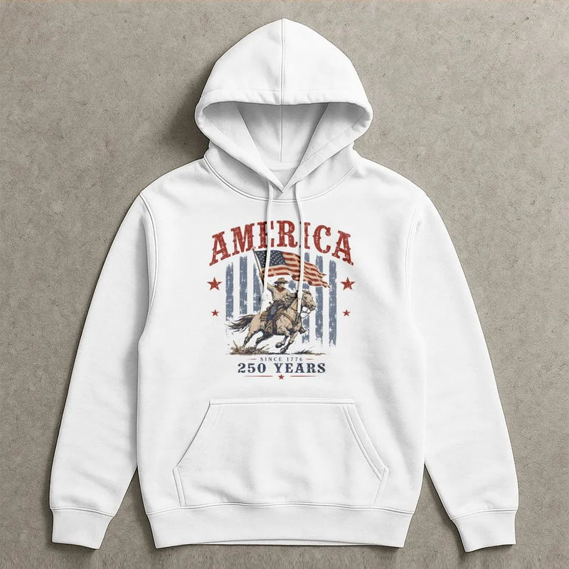 America 250 Years Hoodie | Vintage Cowboy on Horseback with American Flag Art | Soft Cotton-Polyester Blend | Patriotic Gift for History Enthusiasts