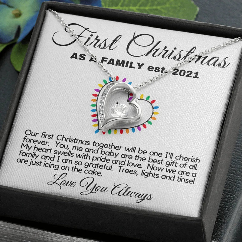Forever Love Heart Necklace, First Christmas as a Family Necklace, 14K White Gold Cubic Zirconia Pendant, New Mom Wife Holiday Present