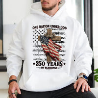 One Nation Under God Hoodie | 250 Years of Blessings Patriotic Cross Design | Premium Cotton-Polyester Blend | Gift for Faith and Patriotism Lovers