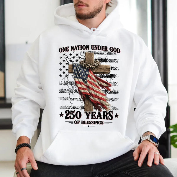 One Nation Under God Hoodie | 250 Years of Blessings Patriotic Cross Design | Premium Cotton-Polyester Blend | Gift for Faith and Patriotism Lovers