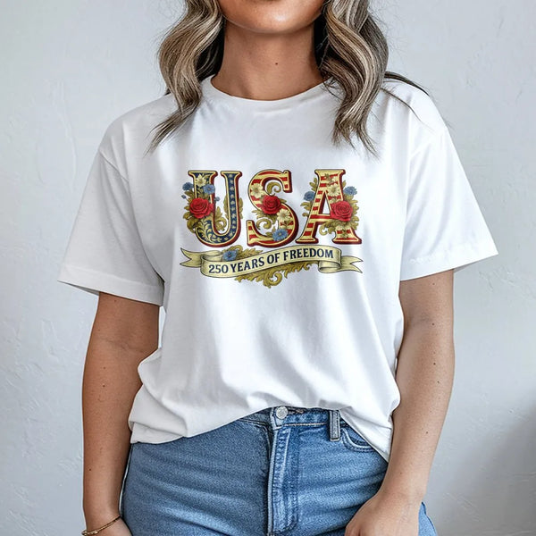 USA 250 Years Of Freedom T-Shirt | Patriotic Floral American Flag Design | 100% Soft Cotton Tee | Independence Day Gift For American Patriots