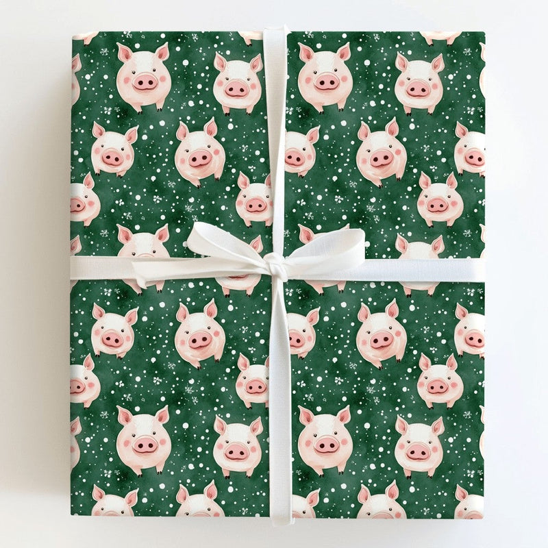 Farm Animal Snowflake Gift Wrap, Adorable Pig Christmas Wrapping Paper, Watercolor Piggy Wrapping Paper Roll