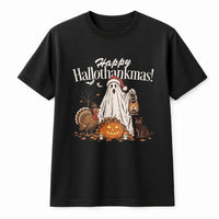 Ghost Santa Hat Thanksgiving Tee, Happy Hallothankmas Shirt, Hallothankmas Halloween Christmas Mashup T-Shirt, Turkey Pumpkin Cat Shirt