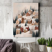 Snowy Mountain Town Landscape Canvas Print, Winter Village Canvas Wall Art, Comfy Holiday Wall Decor, Christmas Scenery Painting, Cabin Art
