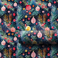 Navy Pine Branch Gift Wrap, Watercolor Ornament Wrapping Paper, Festive Christmas Ornament Wrapping Paper, Holiday Present Paper Roll