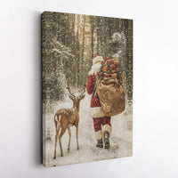 Snowy Forest Holiday Canvas Print, Santa Claus Reindeer Canvas Wall Art, Winter Christmas Canvas Decor, Festive Holiday Wall Art Present