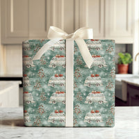 Retro Holiday Van Gift Wrap, Vintage Camper Christmas Wrapping Paper, Winter Pine Tree Wrapping Paper, Rustic Holiday Present Wrap Roll