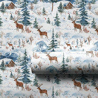 Snowy Cabin Holiday Gift Wrap, Watercolor Deer Winter Wrapping Paper, Rustic Forest Wrapping Paper, Mountain Christmas Tree Wrapping Paper