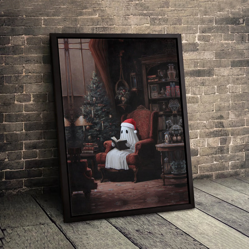 Adorable Santa Hat Ghost Wall Art, Christmas Ghost Reading Book Canvas, Comfy Holiday Canvas Print, Spooky Xmas Wall Art, Book Lover Present