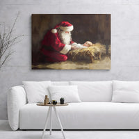 Religious Christmas Canvas Wall Art, Santa Kneeling Before Baby Jesus Canvas Print, Holy Nativity Scene Decor, Holiday Present