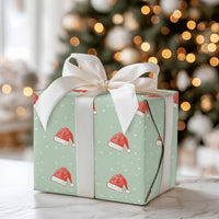 Sage Green Snow Gift Wrap, Santa Hat Christmas Wrapping Paper, Adorable Holiday Present Paper, Winter Santa Wrapping Paper, Xmas Gift Wrap Roll