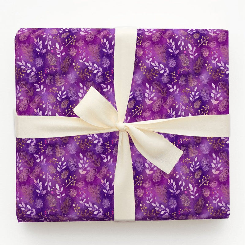 Winter Foliage Gold Wrapping Paper, Purple Botanical Wrapping Paper, Elegant Floral Holiday Wrapping Paper, Birthday and Christmas Gift Wrap