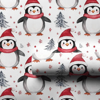 Santa Hat Holiday Gift Wrap, Watercolor Penguin Christmas Wrapping Paper, Winter Penguin Wrapping Paper, Snowy Tree Gift Wrap