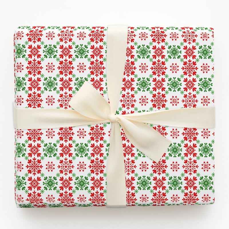 Christmas Gift Wrap, Red and Green Snowflake Wrapping Paper, Festive Winter Present Paper, Holiday Wrapping Paper, Xmas Gift Wrap Roll