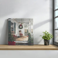 Comfy Holiday Wreath Rocking Chair Wall Art, Rustic Christmas Farmhouse Porch Canvas Art, Winter Scene Print, Digital Download Art Present