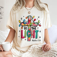 Christmas Lights Christian Cross Graphic Tee, Matthew 5:14 Be the Light T-Shirt, Bible Scripture Religious Shirt, Jesus Faith Tee