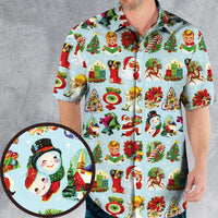 Retro Holiday Print Aloha Shirt, Vintage 60s Christmas Hawaiian Shirt, Summer Xmas Button Up, Beach Party Vacation Present for Men