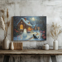 Holiday Cottage Canvas Print, Christmas Ghost Canvas Art, Black Cat Spooky Xmas Canvas Wall Art