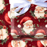 Vintage Christmas Gift Wrap, Jolly Santa Claus Wrapping Paper, Winking Santa Holiday Wrapping Paper, Red Poinsettia Gift Wrap Roll