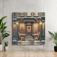 Snowy Winter Village Bookshop Painting Print, Christmas Bookstore Square Canvas Art, Comfy Holiday Book Lover Canvas Wall Art, Xmas Decor