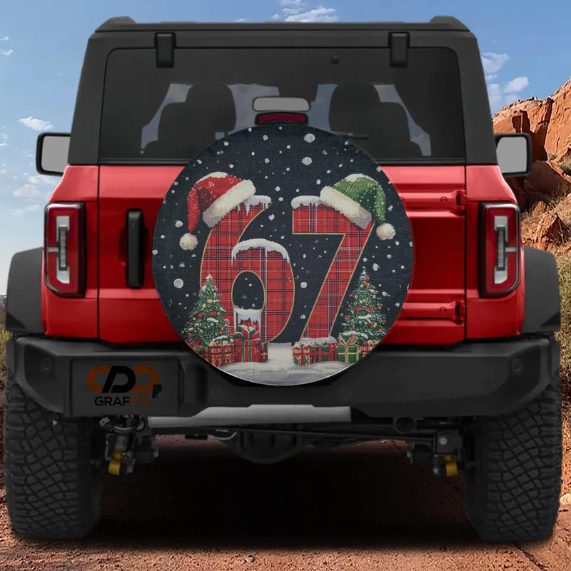 Christmas Plaid Wheel Cover, Holiday 67 Plaid Santa Hat Spare Tire Cover, Festive Winter Holiday Tire Cover for Jeep Bronco RV