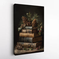 Christmas Book Still Life Canvas Art, Vintage Book Stack Wall Art, Dark Academia Holiday Wall Art Print, Holly Berry Decor, Digital Download